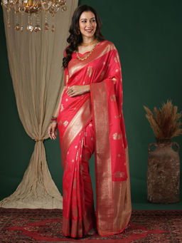 Akhilam - Silk Blend Red Woven Saree With Unstitched Blouse