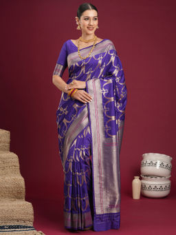Akhilam - Silk Blend Purple Woven Saree With Unstitched Blouse