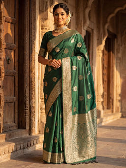 Akhilam - Silk Blend Green Woven Saree With Unstitched Blouse