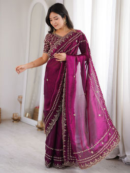 Akhilam - Satin Purple Embellished Saree With Unstitched Blouse