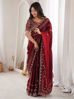 Akhilam - Satin Maroon Embellished Saree With Unstitched Blouse