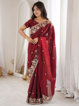 Akhilam - Satin Maroon Embellished Saree With Unstitched Blouse