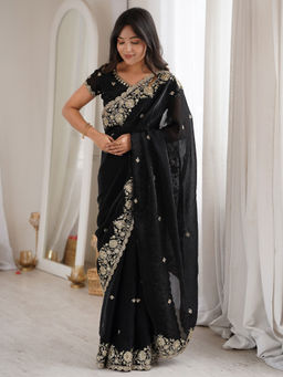 Akhilam - Satin Black Embellished Saree With Unstitched Blouse