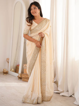 Akhilam - Satin Off White Embellished Saree With Unstitched Blouse