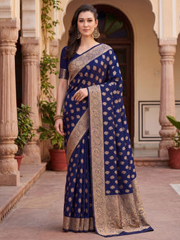 Akhilam - Silk Blend Navy Blue Woven Saree With Unstitched Blouse