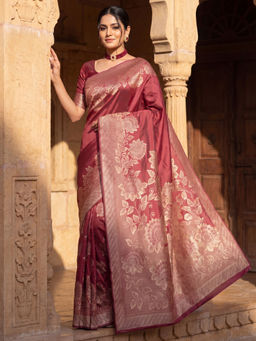 Akhilam - Silk Blend Maroon Woven Saree With Unstitched Blouse