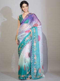 Akhilam - Organza Multi-Color Embroidered Saree With Unstitched Blouse