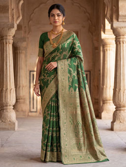 Akhilam - Litchi Silk Green Woven Saree With Unstitched Blouse