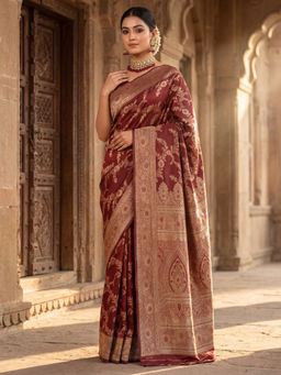 Akhilam - Litchi Silk Maroon Woven Saree With Unstitched Blouse