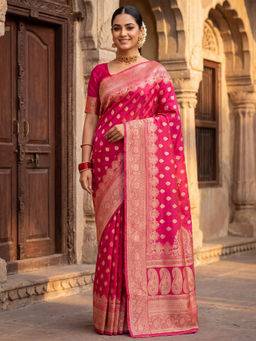 Akhilam - Litchi Silk Pink Woven Saree With Unstitched Blouse