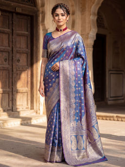 Akhilam - Litchi Silk Blue Woven Saree With Unstitched Blouse
