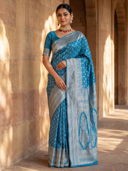 Akhilam - Litchi Silk Light Turquoise Woven Saree With Unstitched Blouse