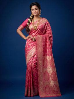 Akhilam - Litchi Silk Pink Woven Saree With Unstitched Blouse