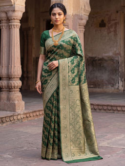 Akhilam - Litchi Silk Green Woven Saree With Unstitched Blouse