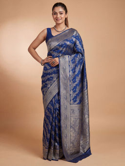 Akhilam - Litchi Silk Navy Blue Woven Saree With Unstitched Blouse