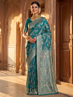 Akhilam - Litchi Silk Teal Woven Saree With Unstitched Blouse