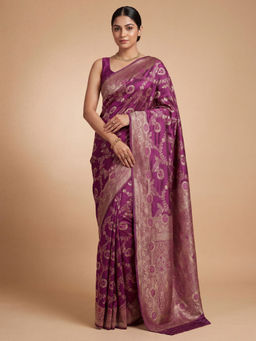 Akhilam - Litchi Silk Wine Woven Saree With Unstitched Blouse