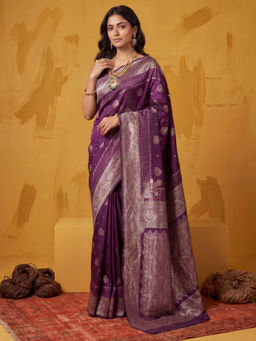 Akhilam - Litchi Silk Purple Woven Saree With Unstitched Blouse