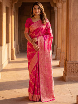 Akhilam - Litchi Silk Pink Woven Saree With Unstitched Blouse