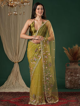 Akhilam - Net Olive Embellished Designer Saree With Unstitched Blouse