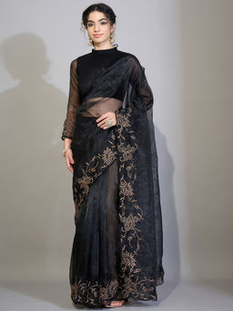 Akhilam - Organza Black Embroidered Saree With Unstitched Blouse
