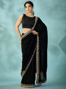 Akhilam - Vichitra Silk Black Embroidered Saree With Unstitched Blouse
