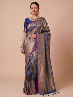 Akhilam - Kanjeevaram Silk Blue Woven Saree With Unstitched Blouse