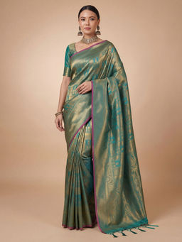 Akhilam - Kanjeevaram Silk Teal green Woven Saree With Unstitched Blouse