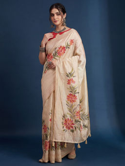 Akhilam - Tussar Silk Off White Printed Saree With Unstitched Blouse