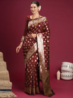 Akhilam - Silk Blend Maroon Woven Saree With Unstitched Blouse