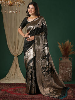 Akhilam - Silk Blend Black Woven Saree With Unstitched Blouse