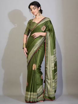 Akhilam - Georgette Olive Printed Saree With Unstitched Blouse