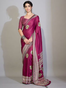 Akhilam - Georgette Magenta Printed Saree With Unstitched Blouse