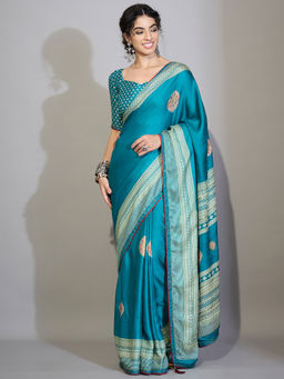Akhilam - Georgette Teal blue Printed Saree With Unstitched Blouse