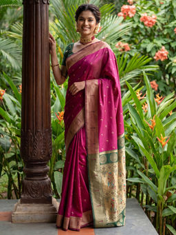 Akhilam - Litchi Silk Pink Woven Saree With Unstitched Blouse