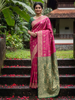Akhilam - Litchi Silk Pink Woven Saree With Unstitched Blouse