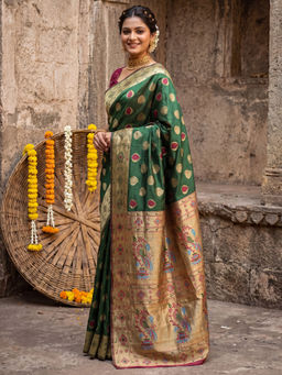 Akhilam - Litchi Silk Green Woven Saree With Unstitched Blouse
