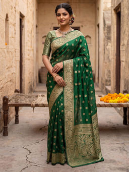 Akhilam - Litchi Silk Green Woven Saree With Unstitched Blouse