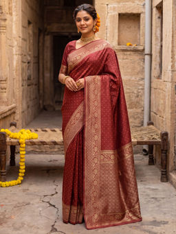 Akhilam - Litchi Silk Maroon Woven Saree With Unstitched Blouse