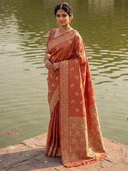 Akhilam - Litchi Silk Orange Woven Saree With Unstitched Blouse
