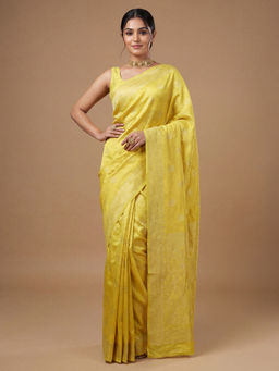 Akhilam - Litchi Silk Yellow Woven Saree With Unstitched Blouse