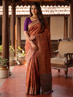 Akhilam - Litchi Silk Rust Woven Saree With Unstitched Blouse