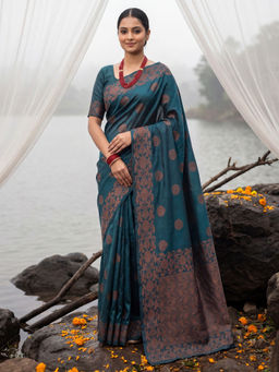 Akhilam - Litchi Silk Teal Woven Saree With Unstitched Blouse