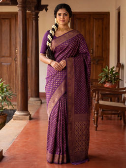 Akhilam - Litchi Silk Purple Woven Saree With Unstitched Blouse