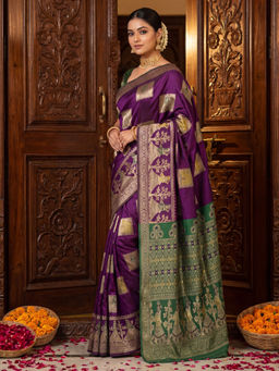 Akhilam - Litchi Silk Purple Woven Saree With Unstitched Blouse