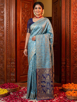 Akhilam - Litchi Silk Light Blue Woven Saree With Unstitched Blouse