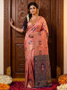 Akhilam - Litchi Silk Peach Woven Saree With Unstitched Blouse