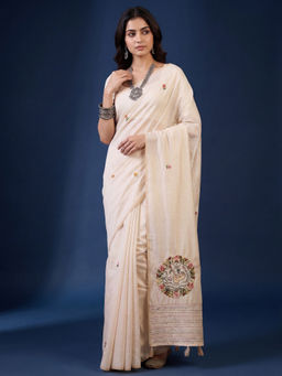 Akhilam - Tussar Silk Off White Embellished Saree With Unstitched Blouse