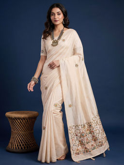 Akhilam - Tussar Silk Off White Embroidered Saree With Unstitched Blouse