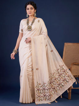 Akhilam - Tussar Silk Off White Embroidered Saree With Unstitched Blouse